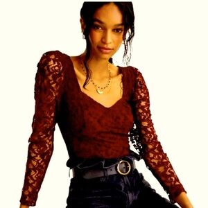 NWT Anthropologie Wine Crop Sweetheart Lace long sleeve Blouse Top Size Large